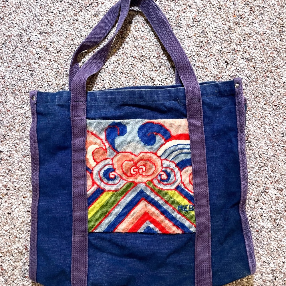 Navy Canvas Tote Bag with Handmade Multicolor Embroidered Needlepoint Patch
